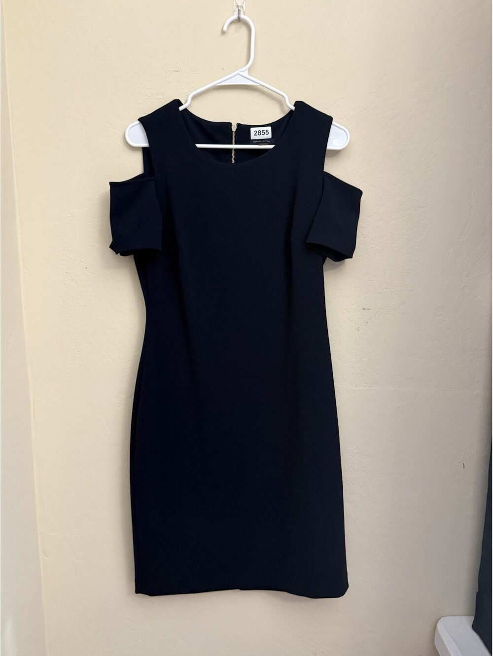 Tommy Hilfiger Navy Solid Sheath Knee Dress Cold Shoulder Round Neck Zip, 10
